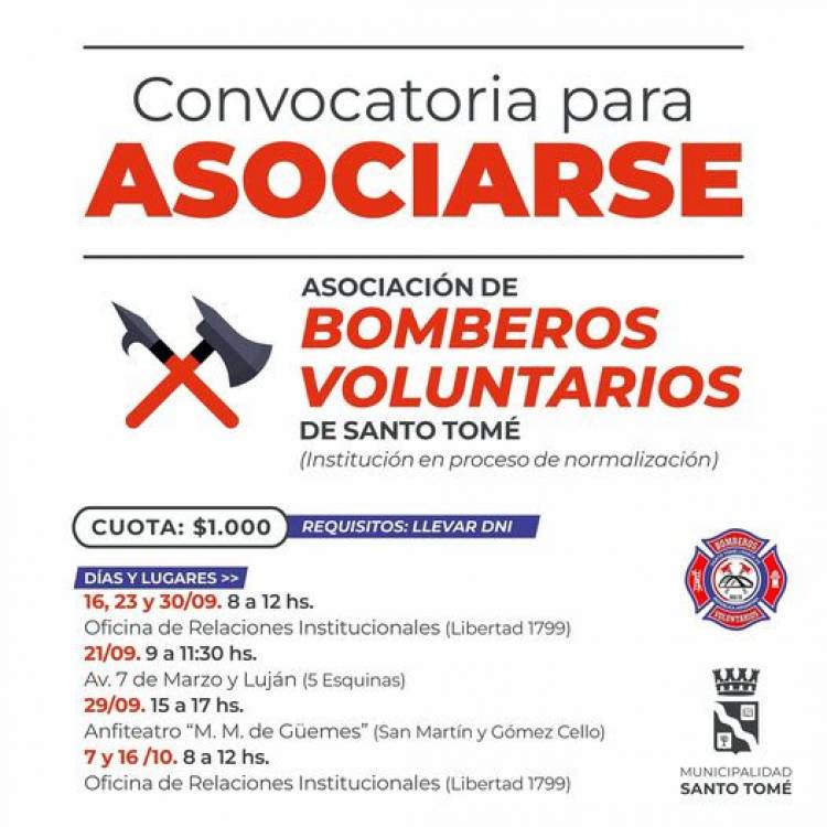 Convocatoria para asociarse a los Bomberos Voluntarios de Santo Tomé